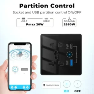 Wifi Type C and USB 5 pin Socket 10A Round Corner Black